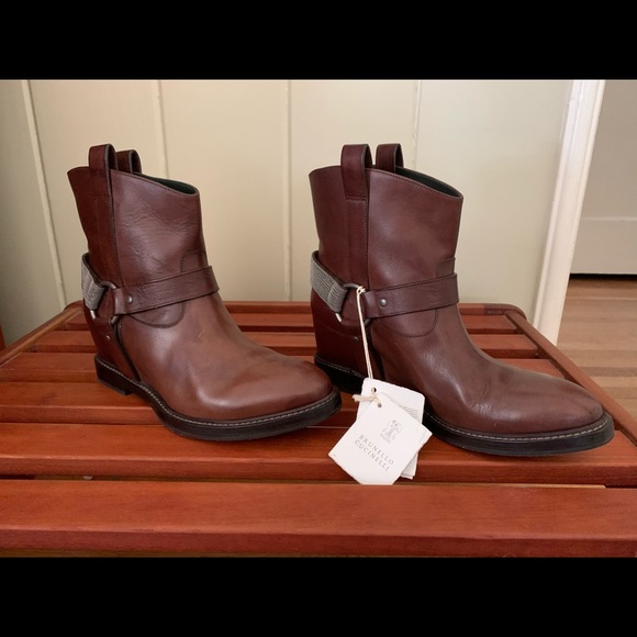Brunello Cucinelli Leather Monili Moto Wedge boots - Picture 2 of 8